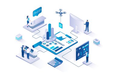 Business statistic 3d isometric concept with isometry people design for web. Team analyzing company financial performances, consulting and creating strategy to increase profits. Vector illustration.