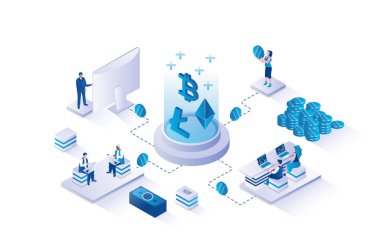 Cryptocurrency investment 3d isometric concept with isometry people design for web. People buying bitcoins and other digital money, making virtual transactions, increase income. Vector illustration.