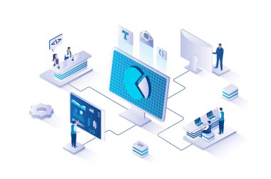 Siber uzay yönetimi, izometri insanlarının web için tasarladığı 3d izometrik konsept. İnsanlar bulut teknolojisini kullanarak dijital dosyaları yüklüyor, işliyor, depoluyor ve paylaşıyorlar. Vektör illüstrasyonu.