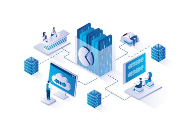 Datacenter technology 3d isometric concept with isometry people design for web. People analyzing big data and working with cloud technologies, processing and computing statistics. Vector illustration.