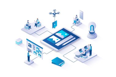 Designer 3d isometric concept with isometry people design for web. People working in creative studio, making digital art with painting tools, making visual projects for branding. Vector illustration.