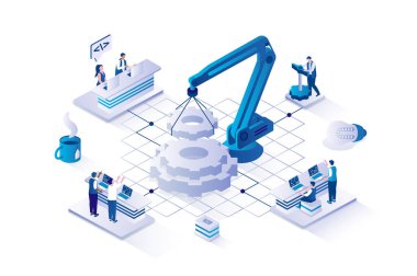 Developers team 3d isometric concept with isometry people design for web. People developing programs and applications, constructing interfaces and launching software products. Vector illustration.