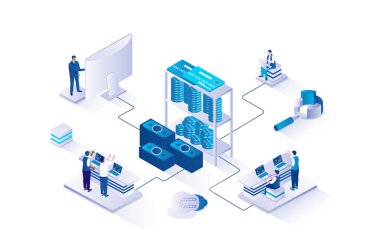 Financial management 3d isometric concept with isometry people design for web. People analyzing finance and accounting balance, creating strategy to increase income and saves. Vector illustration.