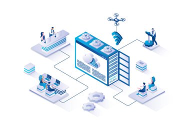 Hosting provider 3d isometric concept with isometry people design for web. Users working with hardware and software of internet provider, using network mainframe infrastructure. Vector illustration.
