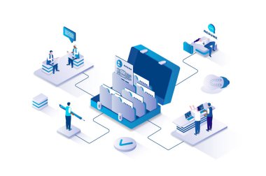HR process 3d isometric concept with isometry people design for web. Headhunter searching for candidates with best work resume, looking applicants cv, choosing employee in staff. Vector illustration.