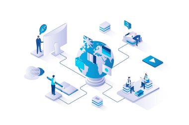Language courses 3d isometric concept with isometry people design for web. Students studying foreign languages online, training with teacher, using applications with speak clubs. Vector illustration.