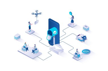 İzometri insanlarının web için tasarladığı 3d izometrik mesaj servisi konsepti. Kullanıcılar, programlar ve uygulamalar kullanarak posta kutusuna e-posta ve dijital mektuplar gönderip alıyor. Vektör illüstrasyonu.