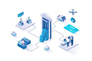 Mobil bankacılık 3d izometrik konsept ile izometri insanları web için tasarlandı. Banka müşterileri finansal işlemler yapıyor, ATM 'deki hesaplardan nakit para alıyor, hesapları yönetiyor. Vektör illüstrasyonu.