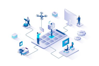 Mobil e-posta servisi 3d izometrik konsept ile izometri insanları web için tasarlandı. İnsanlar akıllı telefon kullanarak dijital mektuplar gönderiyorlar, bülten alıyorlar, uygulamayla mesajlaşıp sohbet ediyorlar. Vektör illüstrasyonu.