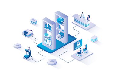 Mobil organizatör servisi 3d izometrik konsept ile izometri insanları web için tasarlandı. Kişi listesini, dijital dosyaları ve belgeleri yöneten kullanıcılar, telefon uygulamasında görevler planlıyorlar. Vektör illüstrasyonu.