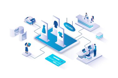 Çevrimiçi alışveriş yapan 3d izometrik konsept ile izometri insanlar web için tasarlandı. Müşteriler mağaza sitesinden yeni ürünler seçiyor, satın almak için kredi kartıyla sipariş veriyor ve ödüyor. Vektör illüstrasyonu.