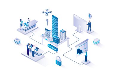 İzometri insanların web için tasarladığı 3d izometrik bir konsept. Emlakçı firma yeni daire ve daireler satıyor, proje projeleri yapıyor, alıcılarla kontrat yapıyor. Vektör illüstrasyonu.