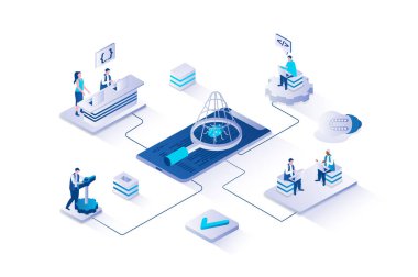 İzometri insanlarının web için tasarladığı 3d izometrik konsepti test eden yazılım. Takım geliştirme programları veya uygulamaları, iyileştirme ve hata ayıklama, arama ve düzeltme, hata ve hataları düzeltme. Vektör illüstrasyonu.