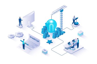 İzometri insanlarının web için tasarladığı 3d izometrik bir proje başlat. Ekip yeni bir proje başlatıyor, beyin fırtınası yapıyor, pazarı analiz ediyor, ürünü geliştiriyor ve ticareti destekliyor. Vektör illüstrasyonu.