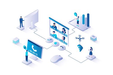 İzometri insanlarının web için tasarladığı 3d izometrik video konferansı konsepti. İş arkadaşları sanal telefonla iş görüşmelerini tartışıyor, çalışanlar canlı video toplantısında iletişim kuruyor. Vektör illüstrasyonu.