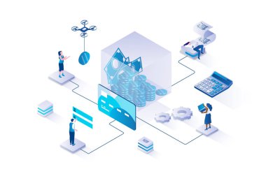 İzometri insanlarının web için tasarladığı sanal finans 3d izometrik konsept. Banka müşterileri online mali hesapları yönetiyor, para işlemleri, tasarruflar ve çevrimiçi ödemeler yapıyor. Vektör illüstrasyonu.