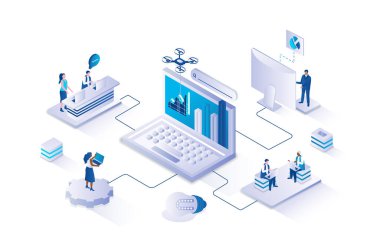 İzometri insanlarının tasarımıyla birlikte Web Analitiği 3d izometrik kavram. Ekip gösterge panelinde site grafikleri ve grafikleri inceliyor, veri analiz hizmetlerini kullanıyor, sayfa istatistikleri üzerinde çalışıyor. Vektör illüstrasyonu.