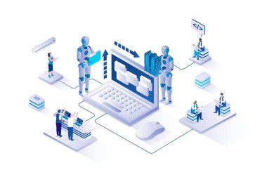 İzometri insanlarının ağ için tasarladığı 3 boyutlu izometrik web kazıma kavramı. Otomatik veri toplamak için hizmetleri kullanan insanlar, istatistikleri web sitelerinden, araştırma kullanıcılarından analiz ettiriyorlar. Vektör illüstrasyonu.