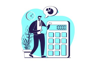 Web sitesi tasarımı için düz insanlarla bütçe web konseptini analiz ediyorum. Muhasebe ve mali dengeyi hesaplamak, hesap makinesiyle muhasebe kazanç raporu, istatistikleri gözden geçirmek. Vektör illüstrasyonu.