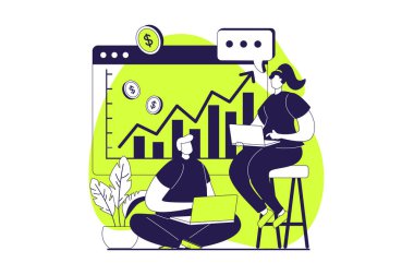 Web sitesi tasarımı için düz insanlarla iş aktiviteleri web sitesi konsepti. İş adamı ve iş kadını grafiği büyüme eğilimi, proje geliştirme ve strateji oluşturma ile analiz ediyorlar. Vektör illüstrasyonu.