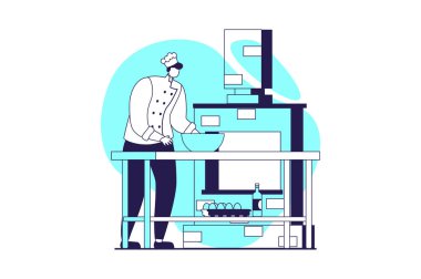 Web sitesi tasarımı için düz insanlarla yemek pişirme ve restoran web konsepti. Şapkalı ve üniformalı aşçı mutfakta fırın hazırlıyor, profesyonel mikser aletlerinden para kazanıyor. Vektör illüstrasyonu.