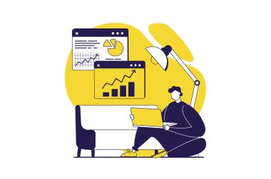 Web sitesi tasarımı için düz insanlarla serbest çalışma kavramı. Adam pazarlama işleri yapıyor, bilgisayardan veri analizi yapıyor ve ev ödevlerini rahat bir ofiste yapıyor. Vektör illüstrasyonu.