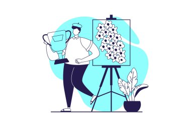 Web sitesi tasarımı için düz insanlarla mutlu yarışma şampiyonları web konsepti. En iyi tabloları tuvalde çizen adam galeride kupa kupasıyla birinci oluyor. Vektör illüstrasyonu.