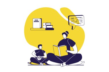 İnsanlar web sitesi tasarımı için düz insanlarla birlikte kitap web konsepti okuyorlar. Anne çocuğuna edebiyat okuyor ya da öğrencilere ders kitaplarında yardım ediyor evde hobi edinen kitap kurtları var. Vektör illüstrasyonu.