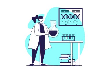 Web sitesi tasarımı için düz insanlarla bilim laboratuarı web konsepti. Bilimsel araştırma yapan, moleküler genetik DNA yapısını öğrenen, tüp ve matara testleri yapan bir kadın. Vektör illüstrasyonu.