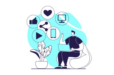 Web sitesi tasarımı için düz insanlarla sosyal medya pazarlama web konsepti. İçerik yaratan ve bağlantıları paylaşan, tanıtım kampanyası yapan, marka blogunda izleyici çeken bir adam. Vektör illüstrasyonu.