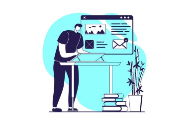 Web sitesi tasarımı için düz insanlarla UI ve UX tasarımcıları web konsepti. Saha şablonu, mühendislik arayüzü ve platformdaki mobil uygulamalarla çalışan bir adam. Vektör illüstrasyonu.