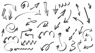 Ok karalaması grafik elementler ayarlandı. Eğri, girdap, rotasyon, kıvrım ve diğer şekillerle çizilmiş siyah ince el çizimleri, farklı yönlerde çizik işaretleri. Vektör illüstrasyonu.