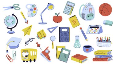 Okul grafik elementleri ayarlıyor. Makas, küre, fırça, lamba, elma, hesap makinesi, okul çantası, top, kağıt uçak, sandviç, ders kitabı, kalem, daha fazlası. Vektör illüstrasyonu.