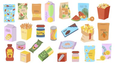 Atıştırmalık ürünleri grafik öğeler ayarlandı. Şeker paketleri, kaju fıstığı, milkshake, farklı cips karışımı, patlamış mısır, kurabiye, tuz çubukları, reçel, soda, çikolata, çörek, daha fazlası. Vektör illüstrasyonu.
