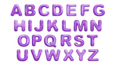 Gerçekçi canlandırma dizaynında 3D alfabe ögeleri ayarlandı. Parlak latin komik harfler koleksiyonu, İngiliz şişirilmiş kalın harfler, parlak, plastik desenli tipografi. Vektör illüstrasyonu.