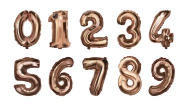 Gerçekçi canlandırma dizaynında 3d numaralı balon. Parlak altın şişirilebilir şekiller yazı tipi, parlak folyo helyum sembolleri lüks karşılama dekorasyonu için. Vektör illüstrasyonu.