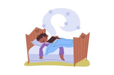 Çocuklar web tasarımı için çizgi film insanlarıyla kitap konsepti okuyorlar. Çocuk yatağında kitapla uyuyor, macera edebiyatının ve hikayelerin tadını çıkarıyor, yatak odasında hayal ediyor ve rüya görüyor. Vektör illüstrasyonu.