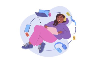 Web tasarımı için çizgi filmcilerle alışveriş konsepti. İndirimli fiyatlarla online alışverişler yapan mutlu bir kadın ve pazartesi siber satış iznine özel fiyatlı aletler satın alan bir kadın. Vektör illüstrasyonu.