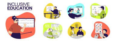 Web tasarımı için özel eğitim konsepti. Tekerlekli sandalyedeki insanların sınıfta öğrendiği dersler kör adam körler alfabesi okur sağır insan altyazılı dersler izler. Vektör illüstrasyonu.