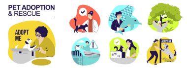 Hayvan evlat edinme ve kurtarma konsepti web tasarımı için ayarlandı. İnsanların barınaklardan kedi ve köpekleri alıp, yunusları veya diğer hayvanları kurtardığı bir koleksiyon. Vektör illüstrasyonu.