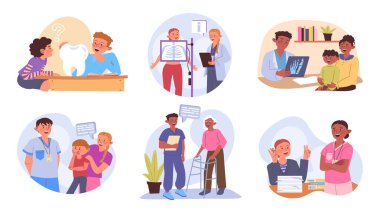 Doktor danışma konsepti web tasarımı için ayarlandı. Klinik uzmanlarını ziyaret eden çizgi filmcilerle koleksiyon. Diş hekimleri, pediyatri, röntgen, rehabilitasyon hizmetleri. Vektör illüstrasyonu.