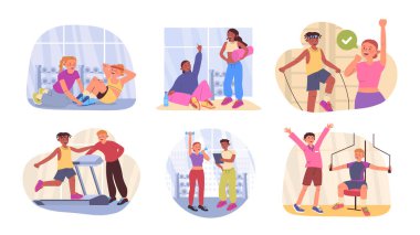 Web tasarımı için kişisel antrenör seansı konsepti ayarlandı. Dambıllarla egzersiz yapan çizgi filmcilerle koleksiyon ya da eğitmen rehberliğinde koşu bantları, spor koçluğu ile egzersiz. Vektör illüstrasyonu.