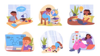 Web tasarımı için ev konseptinde kendi kendine çalışma. Çizgi filmcilerin uzaktan öğrendiği koleksiyon. Ödev yapan öğrenciler, kitap okuyanlar, bireysel planlarla dizüstü bilgisayarda çalışanlar. Vektör illüstrasyonu.