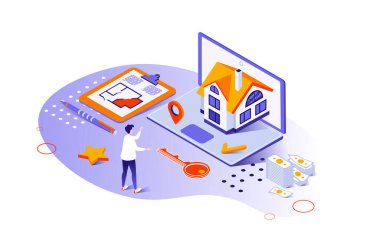 İpotek 3d izometrik konsept ile izometri insanları web için tasarlandı. Adam planlı yeni bir ev seçiyor, emlak almak için banka kredisi alıyor, ev için kredi kullanıyor. Vektör illüstrasyonu.