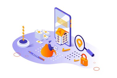 İzometri insanların web için tasarladığı 3d izometrik bir konsept. Mobil uygulamalarla yeni bir ev arayan bir adam gökdelenler ve kiralık evleri seçiyor. Vektör illüstrasyonu.
