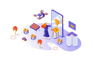 İzometri insanların ağ için tasarladığı akıllı şehir 3D izometrik konsept. Şehir altyapısı, banliyösü, akıllı otomasyon sistemi ve kablosuz bağlantısı olan bir kadın. Vektör illüstrasyonu.