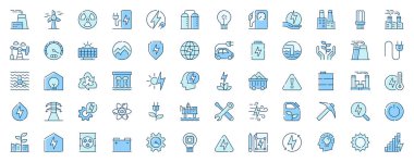 Güç enerji ağı simgeleri çizgi dizaynına ayarlandı. Duotone piktogram santral, rüzgar türbini, şarj durağı, elektrik, ampul, yakıt, petrol üretimi, daha fazla dış hatlar. Vektör illüstrasyonu.