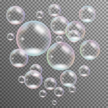 Realistic transparent multicolored soap bubbles isolated vector clipart