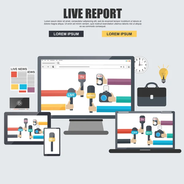 Concetto piatto per live report, live news con microfoni e registratori — Vettoriale Stock