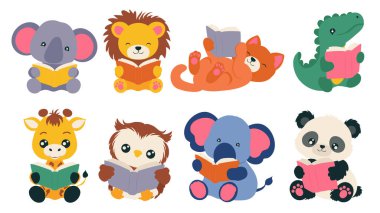 Kitapları okuyan hayvanlar tasarım yaptı. Şirin fil, aslan, kedi, dinozor, zürafa, baykuş ve pandanın açık kitap tuttuğu, hikaye ya da masal okuduğu, okuma yazma öğrendiği bir koleksiyon. Vektör illüstrasyonu.